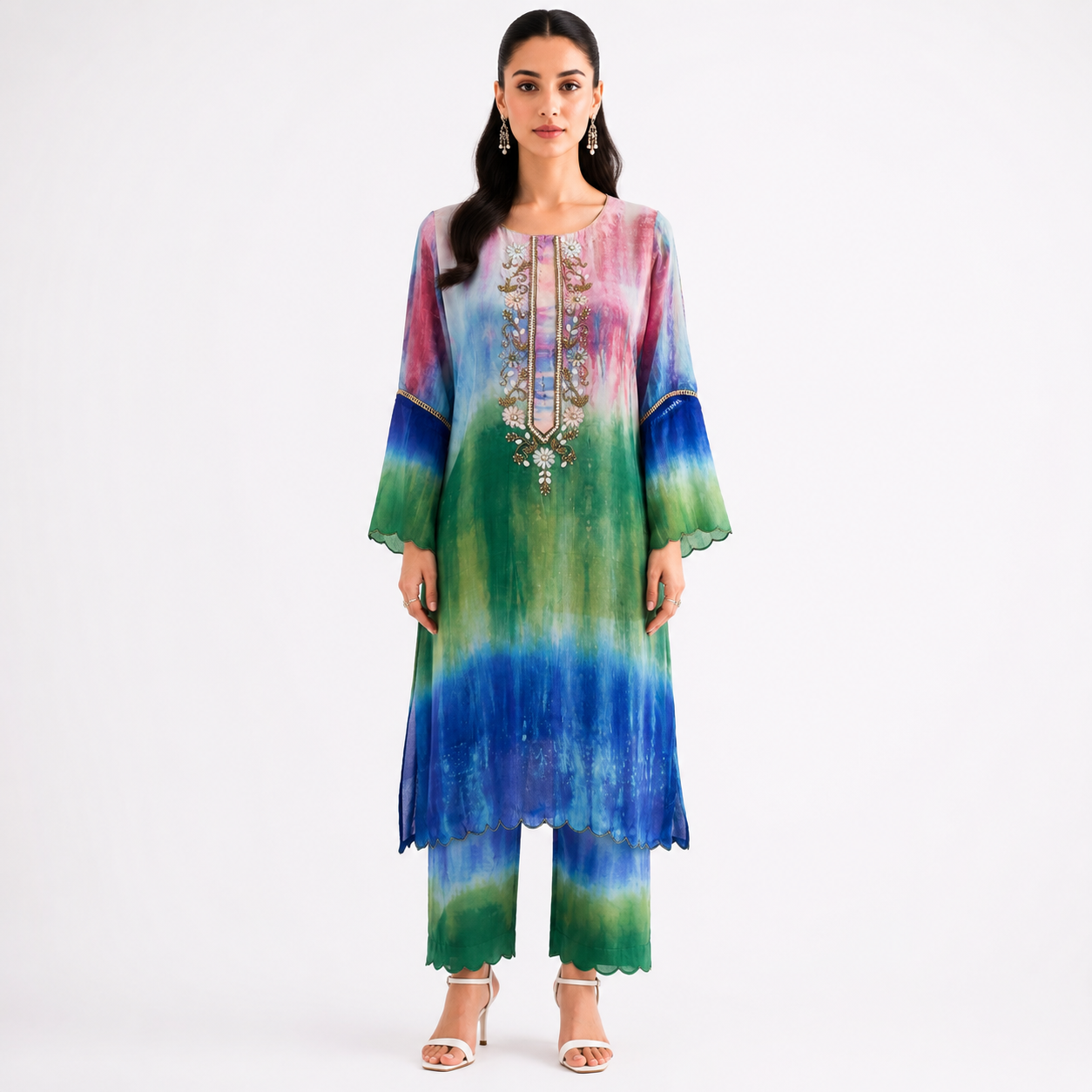 Boho Bloom Tie-Dye Embroidered Kurti Set